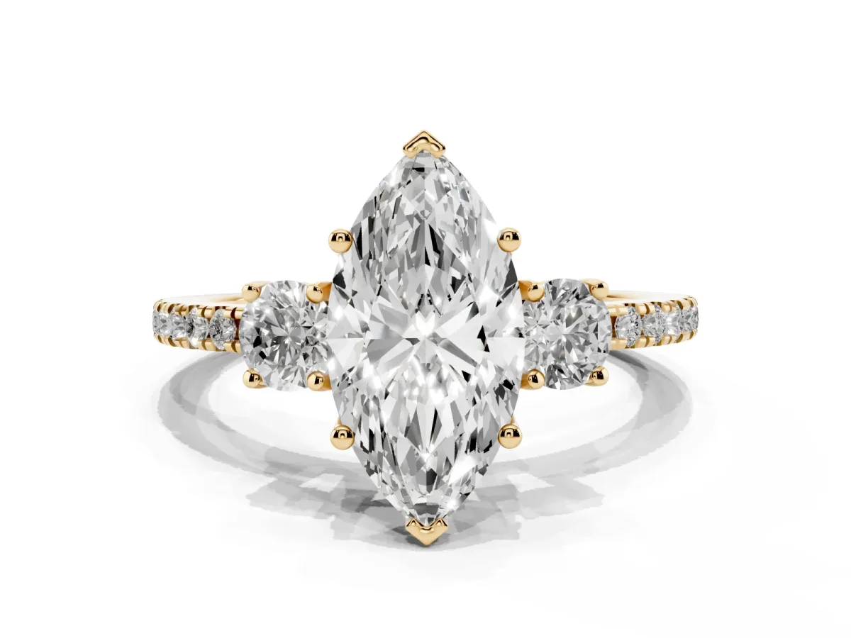 Three-Stone Marquise Cut Cut Diamond Pavé Band with Prong Setting Yellow gold