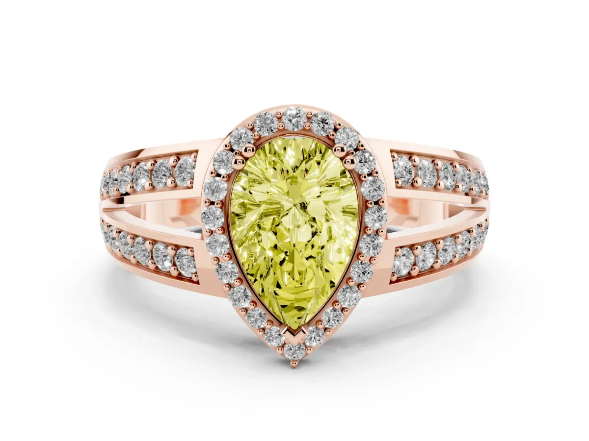 Fancy Yellow Pear Cut Diamond Halo Ring with Split Shank Pavé Band and Four-Prong Setting Rose gold
