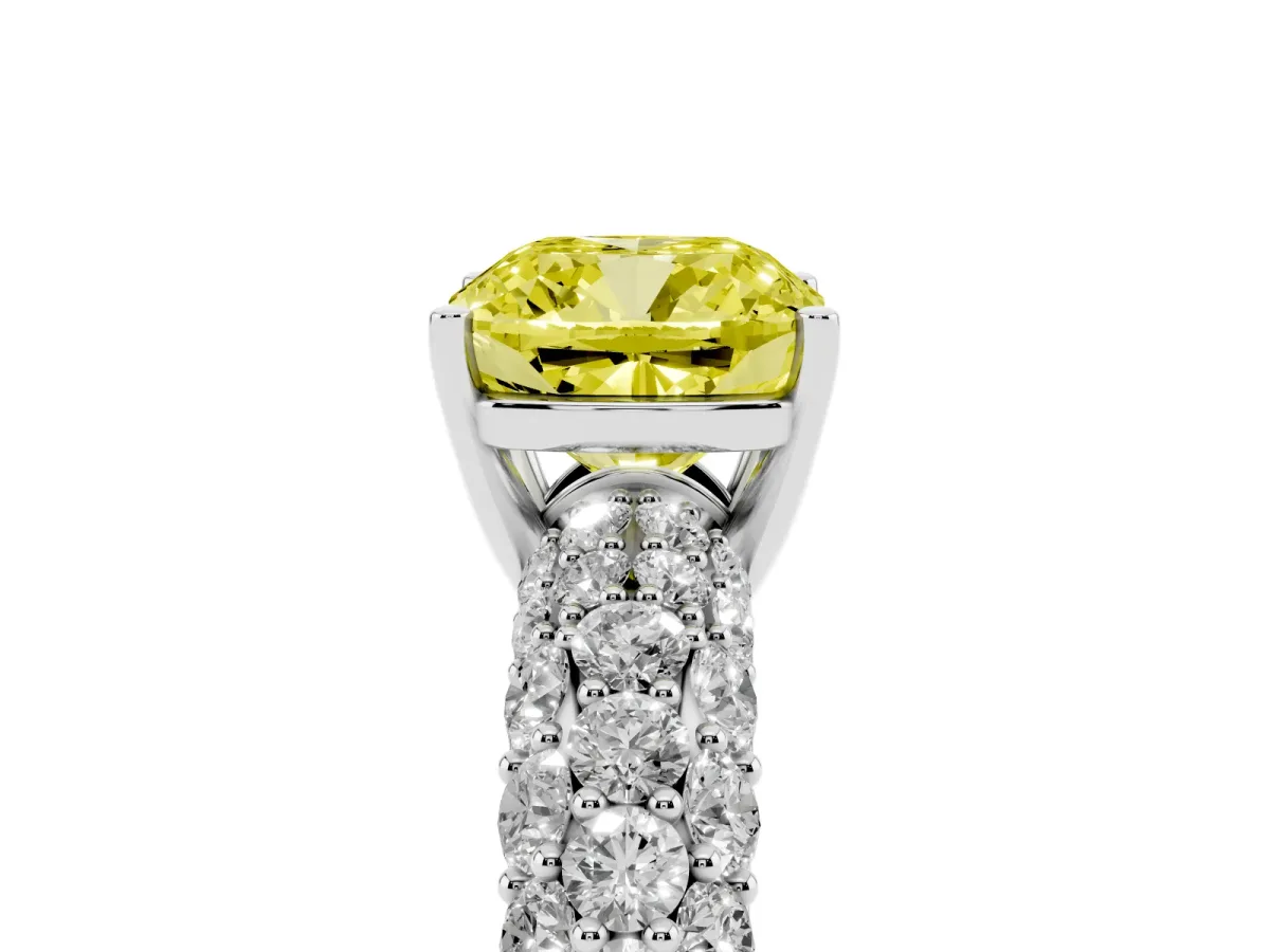 Fancy Yellow Cushion Cut Diamond Pavé Band Solitaire Ring with Four-Prong Setting Silver