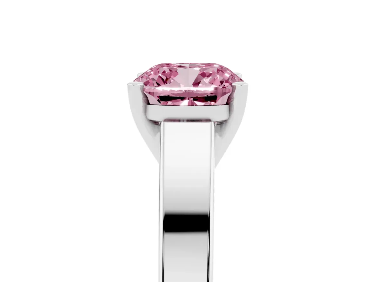 Fancy Pink Cushion Cut Solitaire Engagement Ring with Four-Prong Setting and Tapered Band Silver