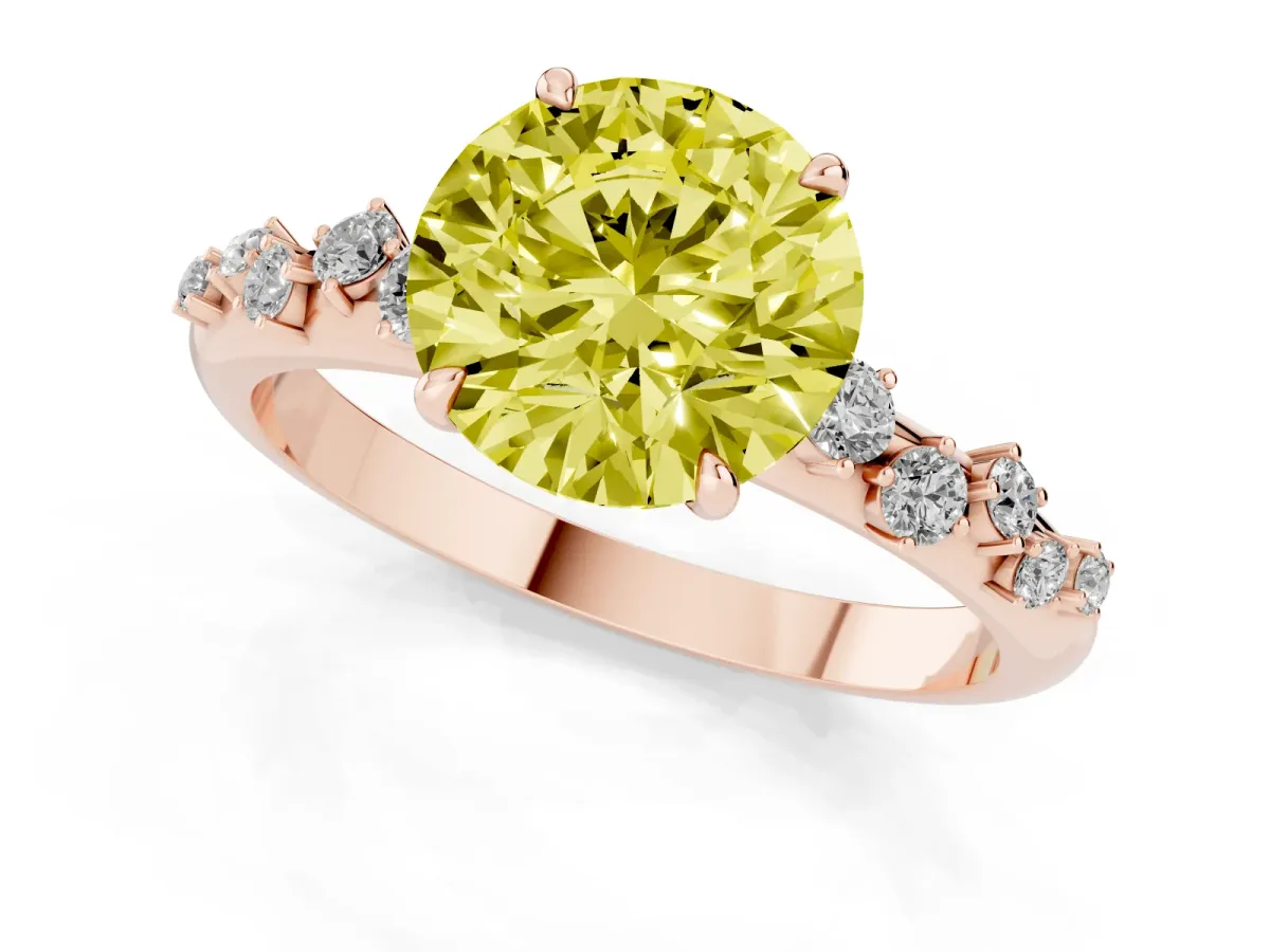 Fancy Yellow Round Cut Diamond Cluster Prong-Set Solitaire Ring Rose gold