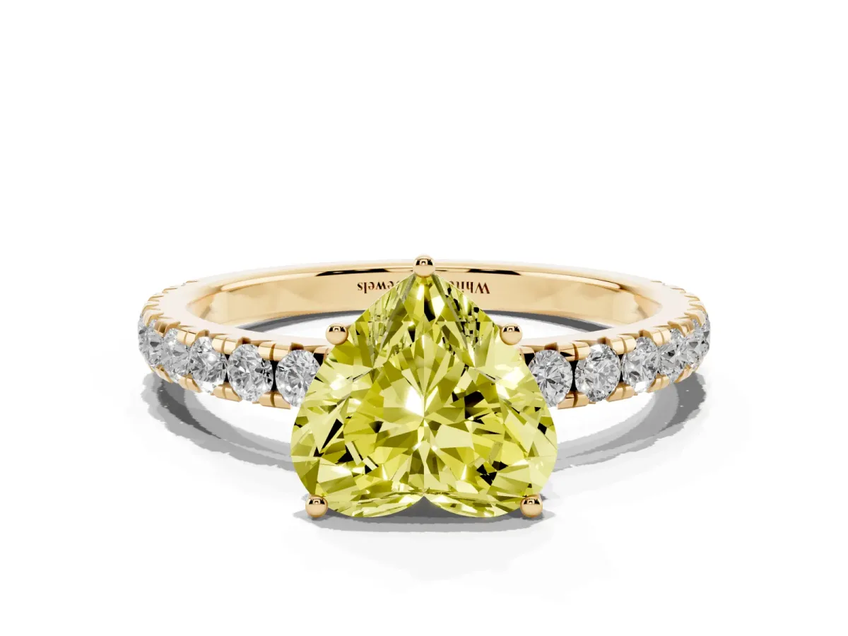 Fancy Yellow Heart Cut Diamond Pavé Solitaire Engagement Ring with Four-Prong Setting Yellow gold