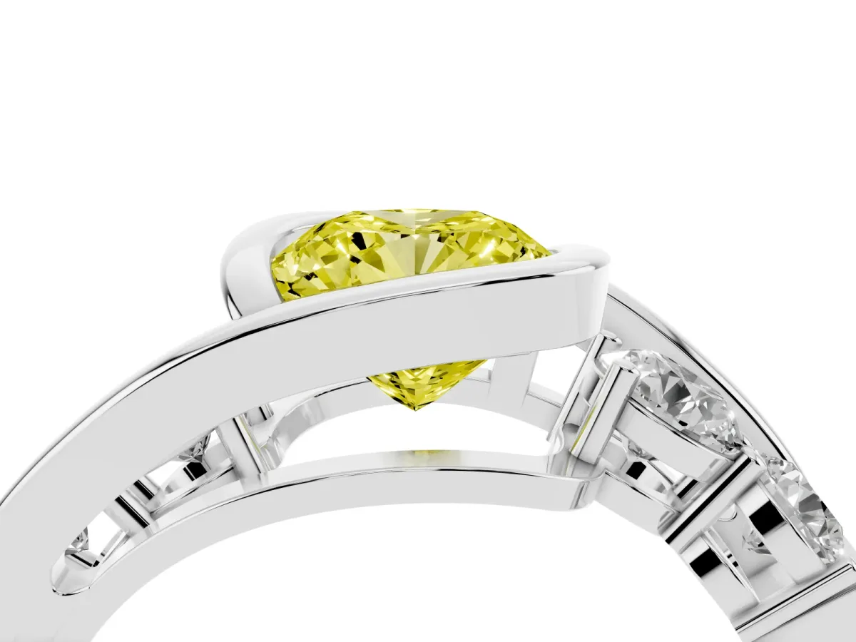 Fancy Yellow Bezel Set Cushion Cut Diamond Bypass Ring with Round Accents Silver