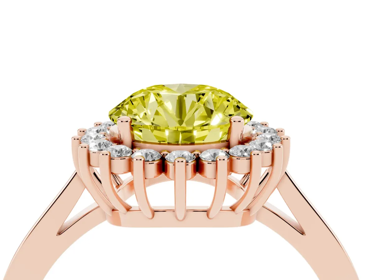 Fancy Yellow Round Cut Cut Diamond Halo Ring with Round Brilliant Halo and Solitaire Band Rose gold