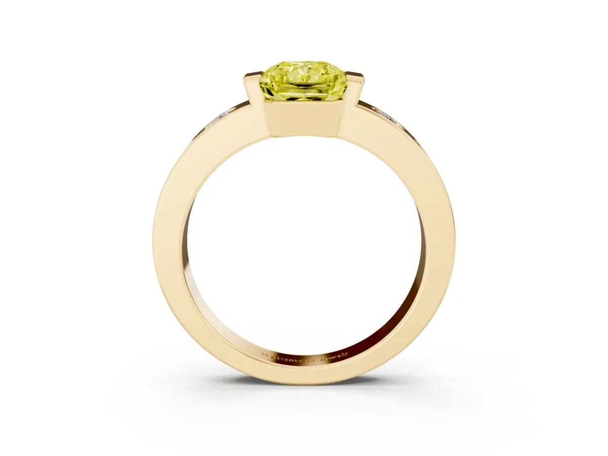 Fancy Yellow Radiant Cut Brilliant Channel-Set Diamond Ring with Bezel Prong Setting Yellow gold