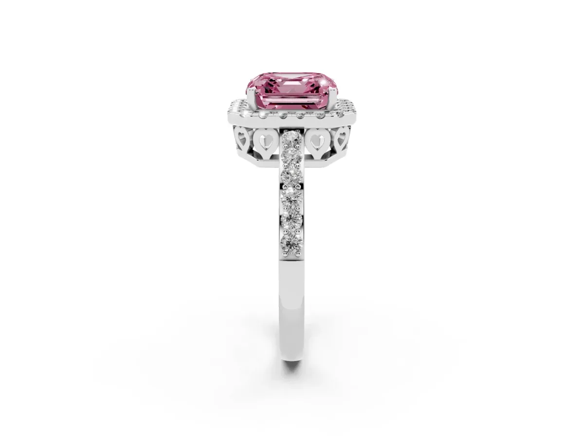 Fancy Pink Asscher Cut Halo Diamond Pavé Band Ring with Prong Setting Silver