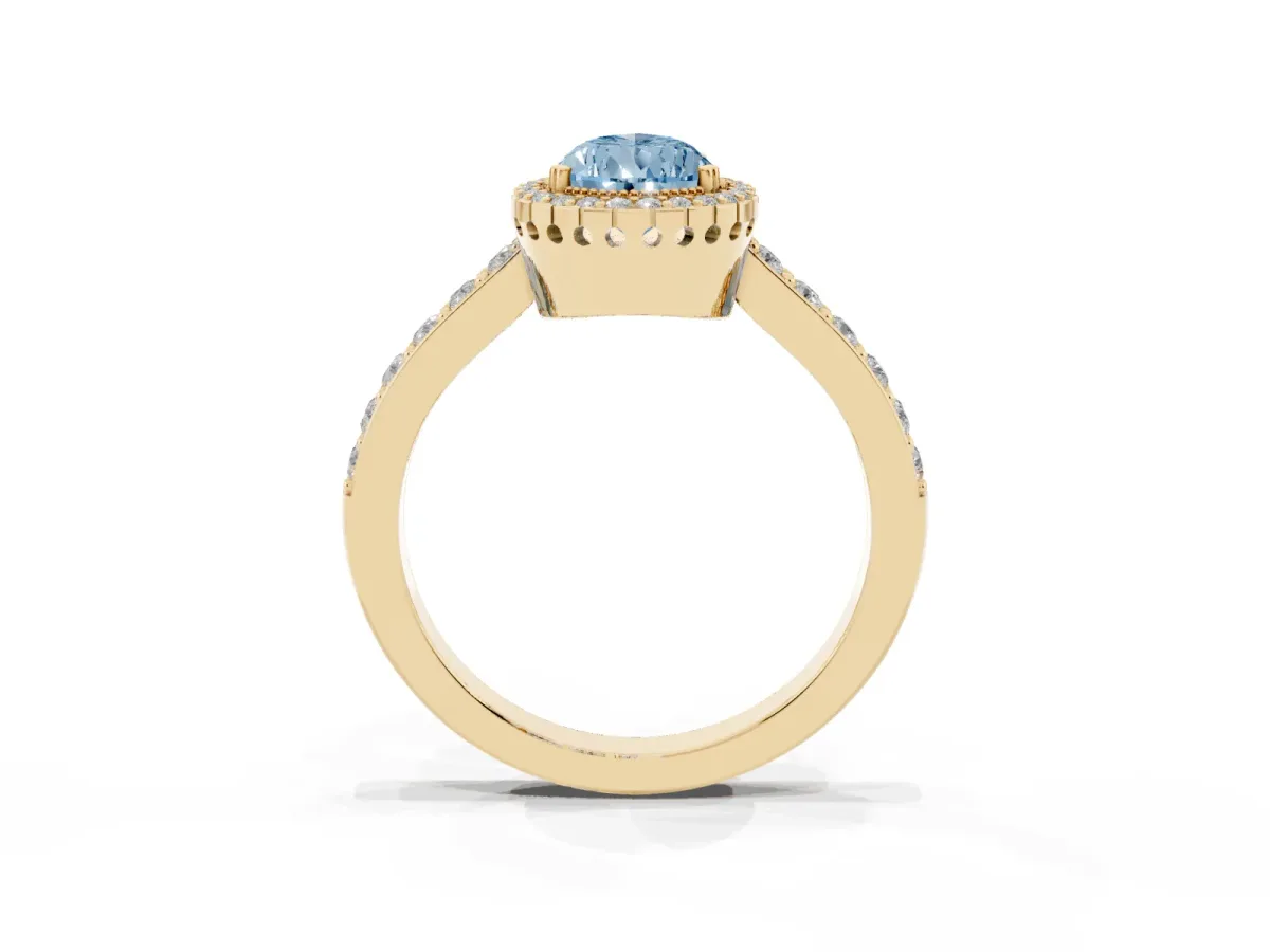 Fancy Blue Pear Cut Cut Diamond Halo Engagement Ring with Milgrain Detail and Pavé Band Yellow gold