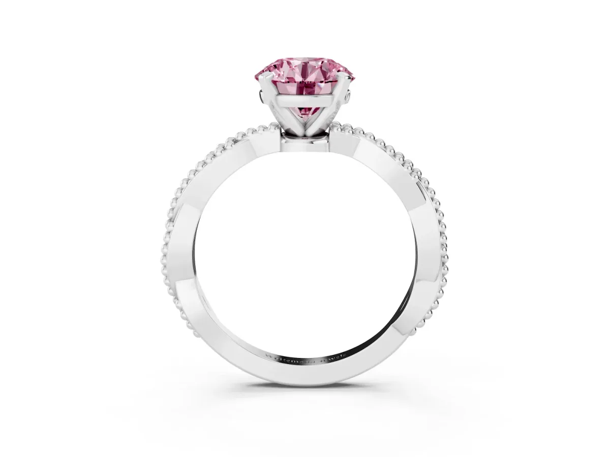 Fancy Pink Round Cut Solitaire Twisted Band with Bead Prong Setting Silver