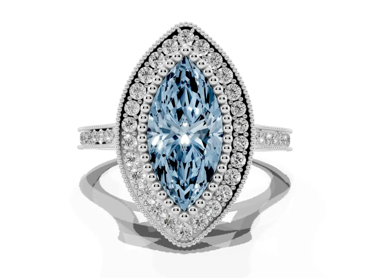 Fancy Blue Marquise Cut Diamond Halo Ring with Milgrain Frame and Pavé Band White gold