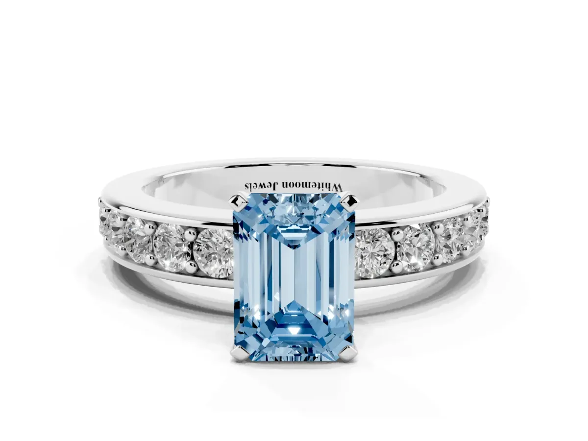 Fancy Blue Emerald Cut Diamond Engagement Ring with Channel Set Round Band and Prong Setting Silver