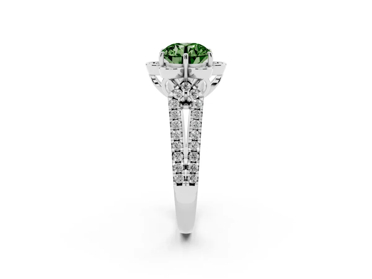 Fancy Green Round Cut Halo Diamond Floral Split Shank Engagement Ring Silver