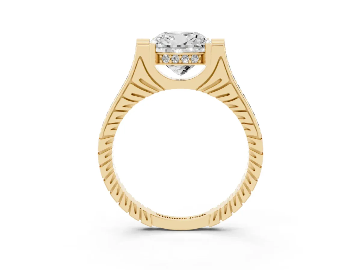Cushion Cut Solitaire Diamond Ring with Channel Set Band and Bezel Prong Setting Yellow gold