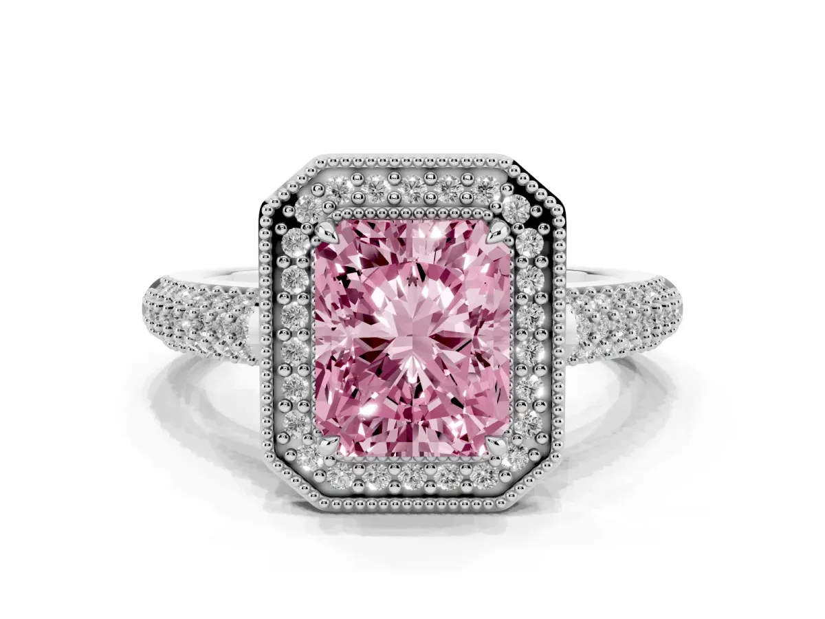 Fancy Pink Radiant Cut Cut Halo Diamond Pave Band with Four-Prong Setting Platinum