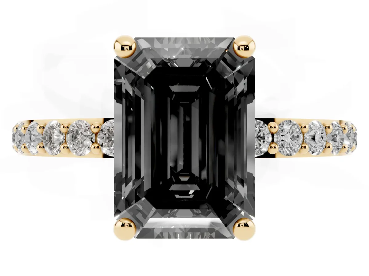 Fancy Black Emerald Cut Diamond Solitaire Ring with Round Pavé Band and Prong Setting Yellow gold