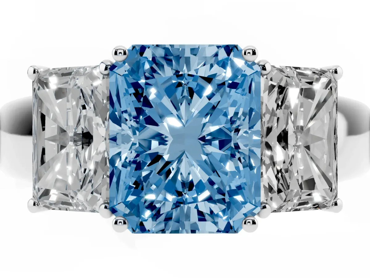 Fancy Blue Three-Stone Radiant Cut Cut Diamond Ring with Prong Setting and Classic Band Silver