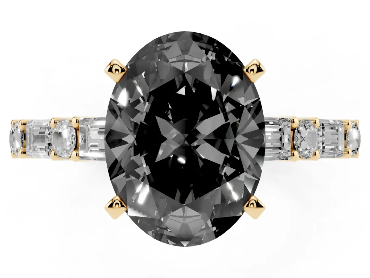 Fancy Black Oval Cut Diamond Solitaire with Side Baguettes and Channel Set Band Yellow gold