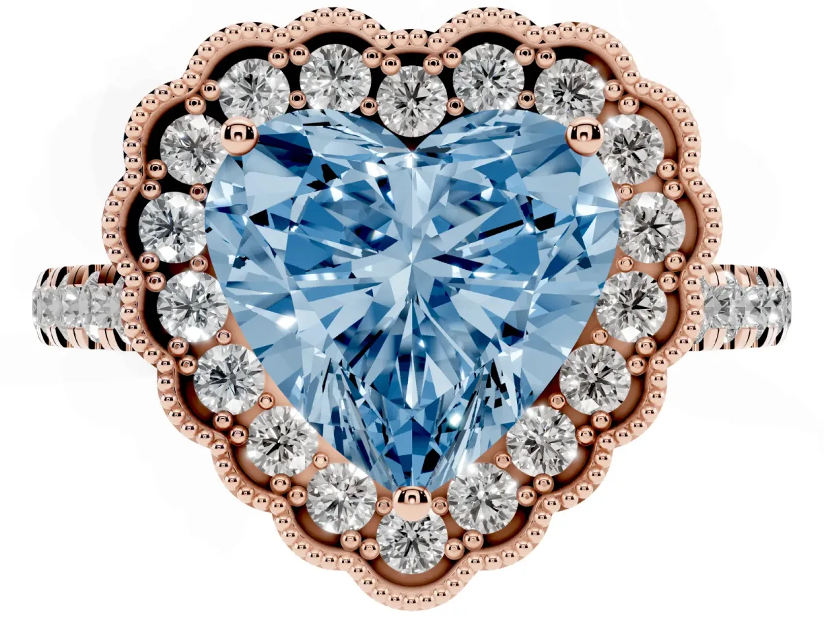 Fancy Blue Heart Cut Cut Diamond Milgrain Floral Halo Engagement Ring with Pavé Band Rose gold