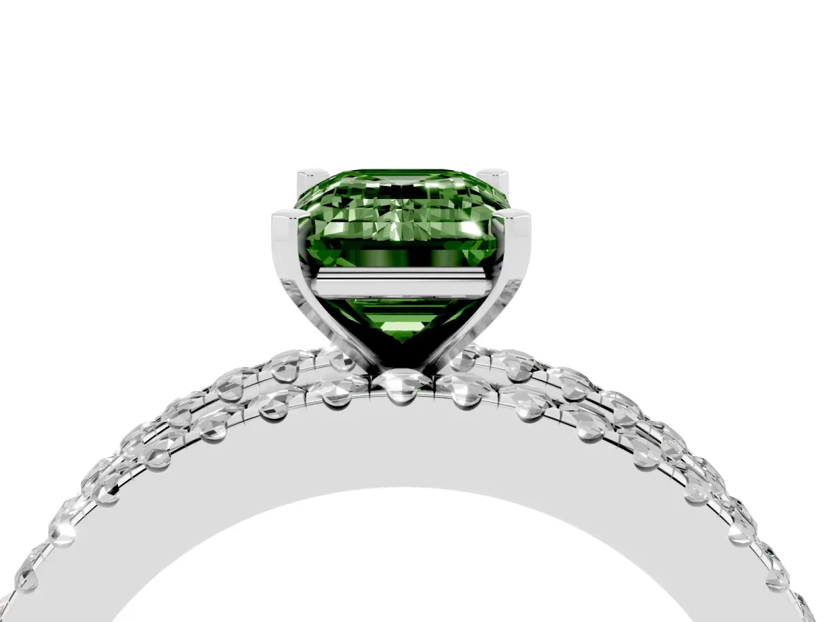 Fancy Green Emerald Cut Diamond Solitaire Ring with Pavé and Channel Set Band White gold