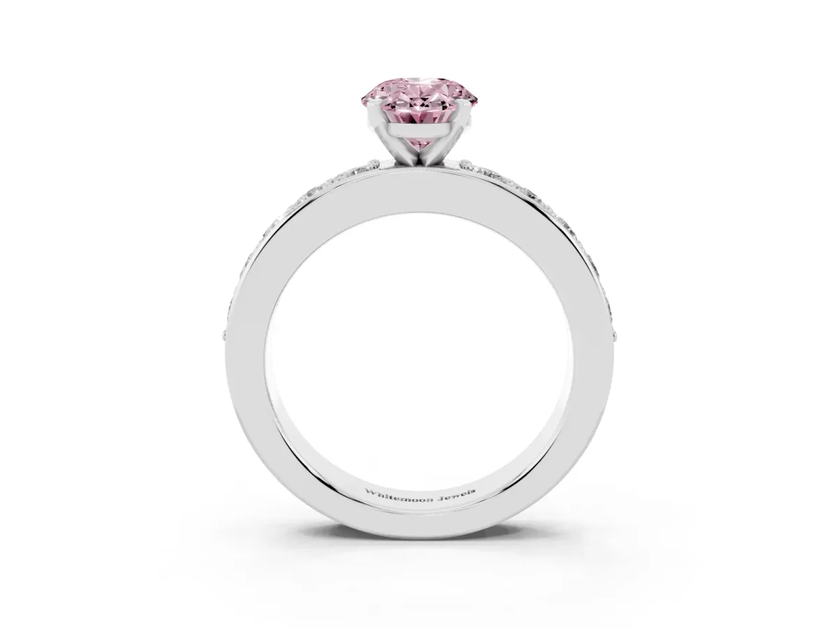 Fancy Pink Oval Cut Diamond Engagement Ring with Channel Set Round Band and Prong Setting Silver