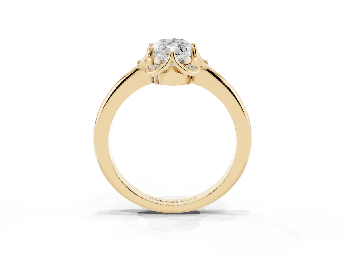 Marquise Cut Halo Diamond Ring with Round Cluster Setting, Solitaire Band, and Four-Prong Setting Yellow gold