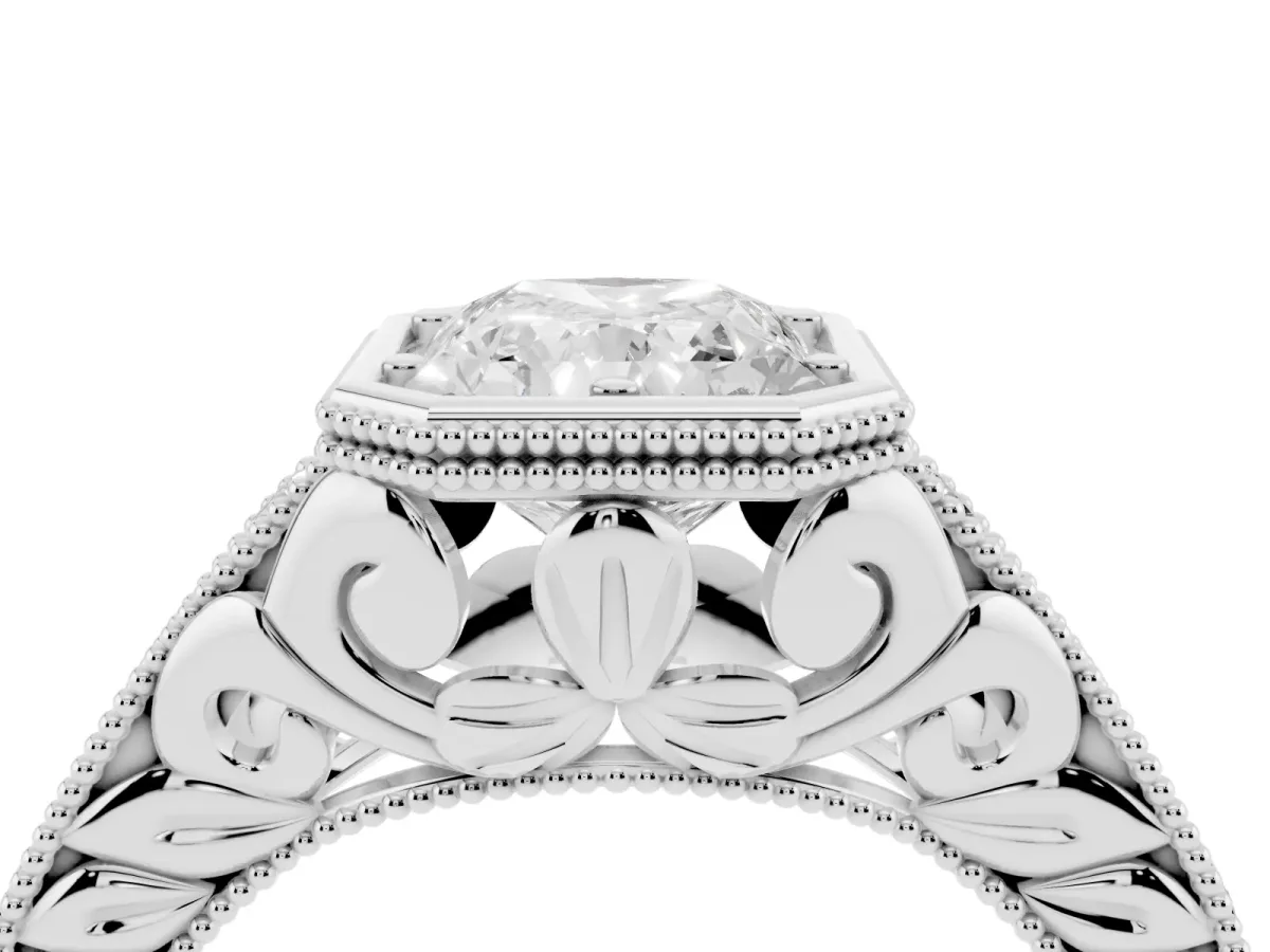 Bezel Set Radiant Cut Diamond Milgrain Pave Engagement Ring Silver