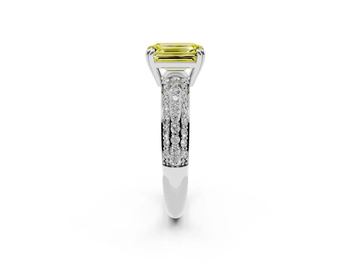 Fancy Yellow Emerald Cut Diamond Solitaire Ring with Multi-Row Round Pavé Band and Prong Setting Platinum