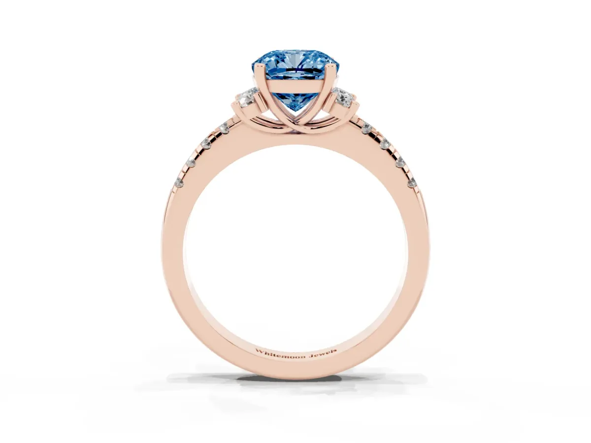 Fancy Blue Cushion Cut Diamond Three-Stone Pave Band with Four-Prong Setting Rose gold