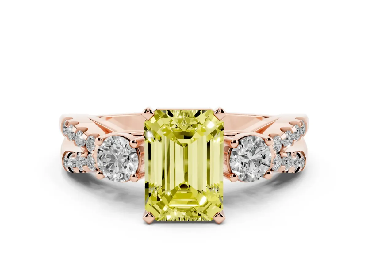 Fancy Yellow Emerald Cut Diamond Three-Stone Ring with Pavé Split Shank and Four-Prong Setting Rose gold