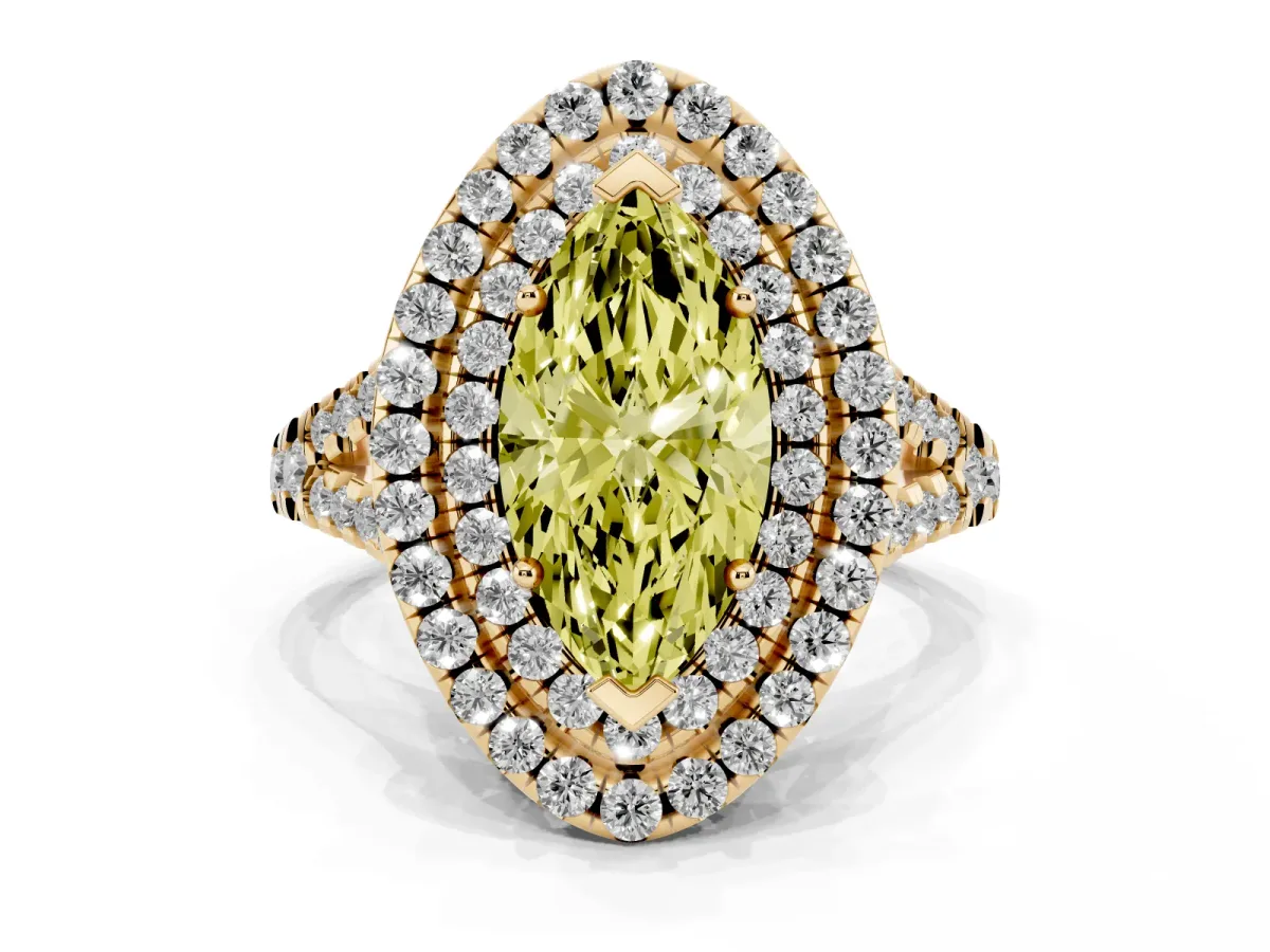 Fancy Yellow Double Halo Marquise Cut Diamond Pavé Split Shank Ring with Prong Setting Yellow gold