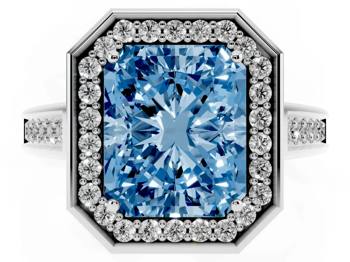 Fancy Blue Emerald Cut Halo Solitaire Diamond Ring with Pave Band and Bezel Setting Silver