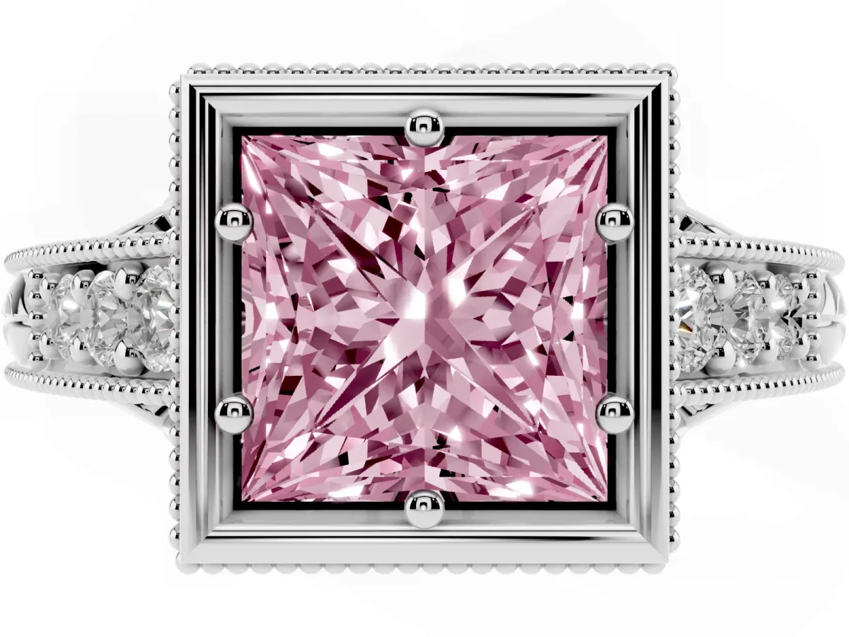 Fancy Pink Bezel Set Princess Cut Diamond Milgrain Pave Engagement Ring Platinum