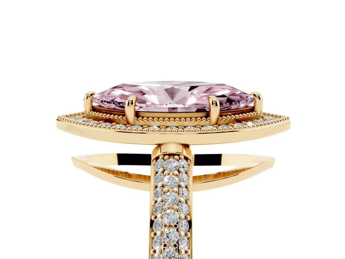 Fancy Pink Marquise Cut Cut Halo Diamond Pave Band with Four-Prong Setting Yellow gold