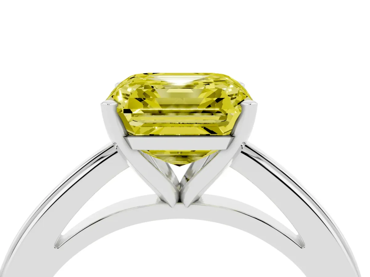 Fancy Yellow Asscher Cut Solitaire Diamond Ring with Four-Prong Setting and Classic Band Platinum
