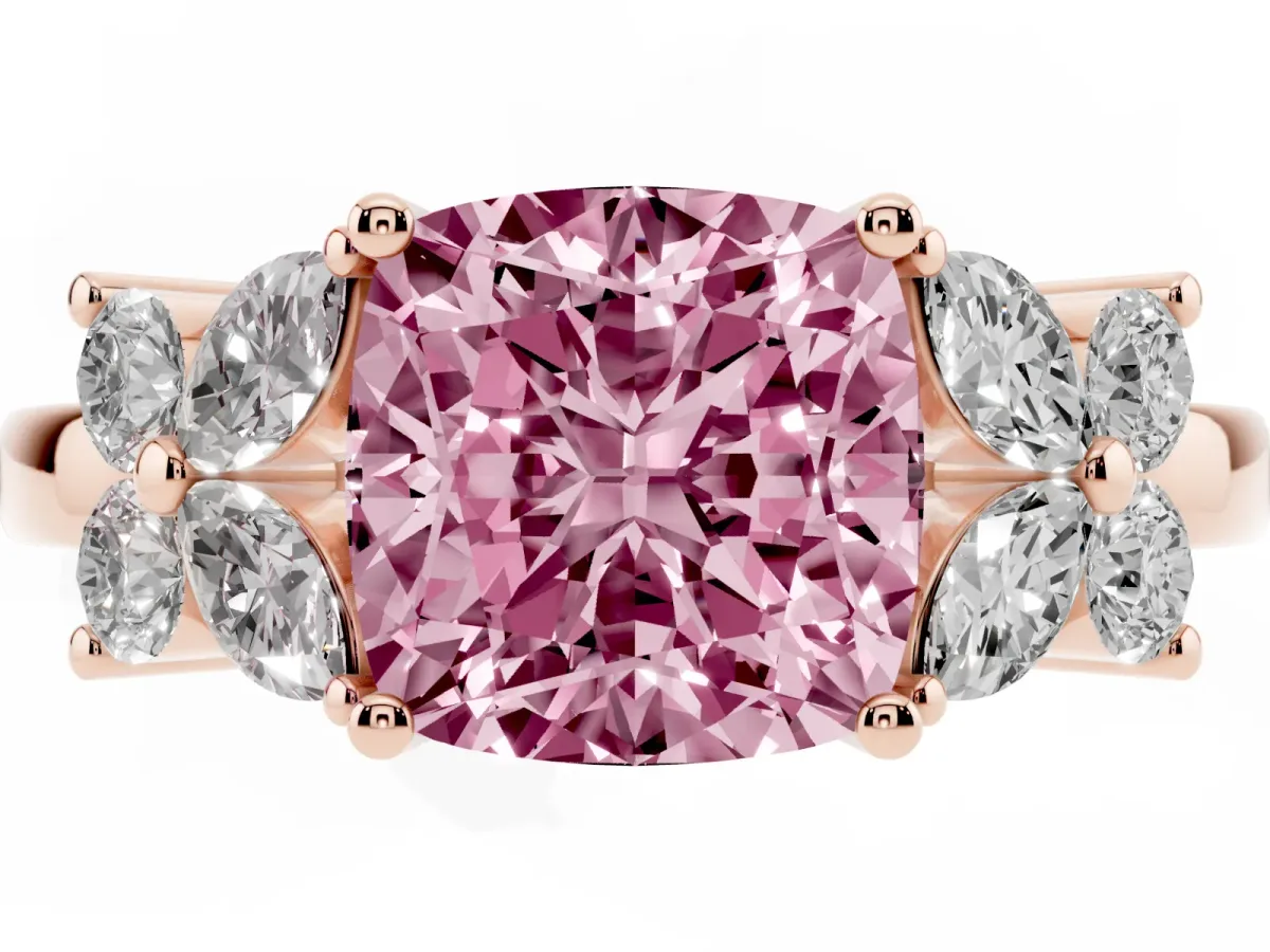 Fancy Pink Cushion Cut Diamond Floral Cluster Ring with Solitaire Band and Prong Setting Rose gold