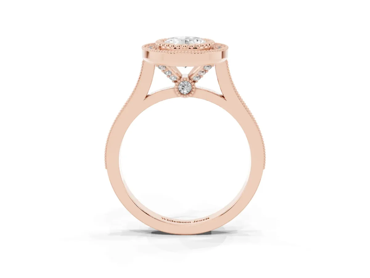 Oval Cut Diamond Halo Ring with Milgrain Frame and Pavé Band Rose gold
