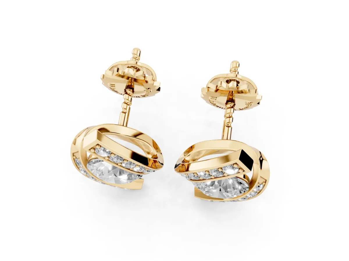 Round Diamond Curve Wave Stud Earrings Yellow gold
