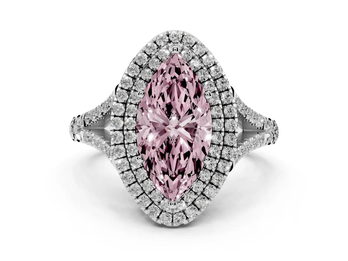 Fancy Pink Double Halo Marquise Cut Diamond Split Shank Engagement Ring with Four-Prong Setting Platinum