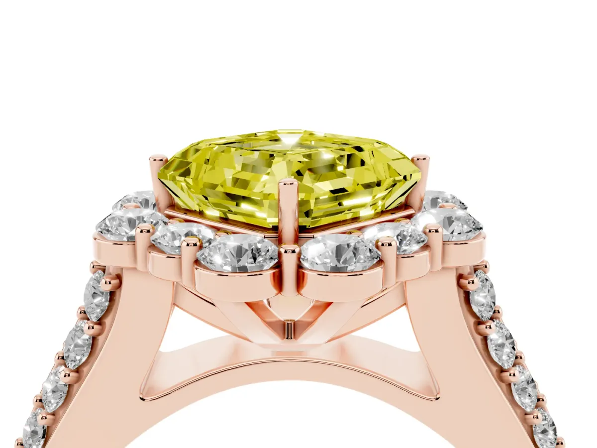 Fancy Yellow Asscher Cut Halo Diamond Engagement Ring with Split Shank and Prong Setting Rose gold