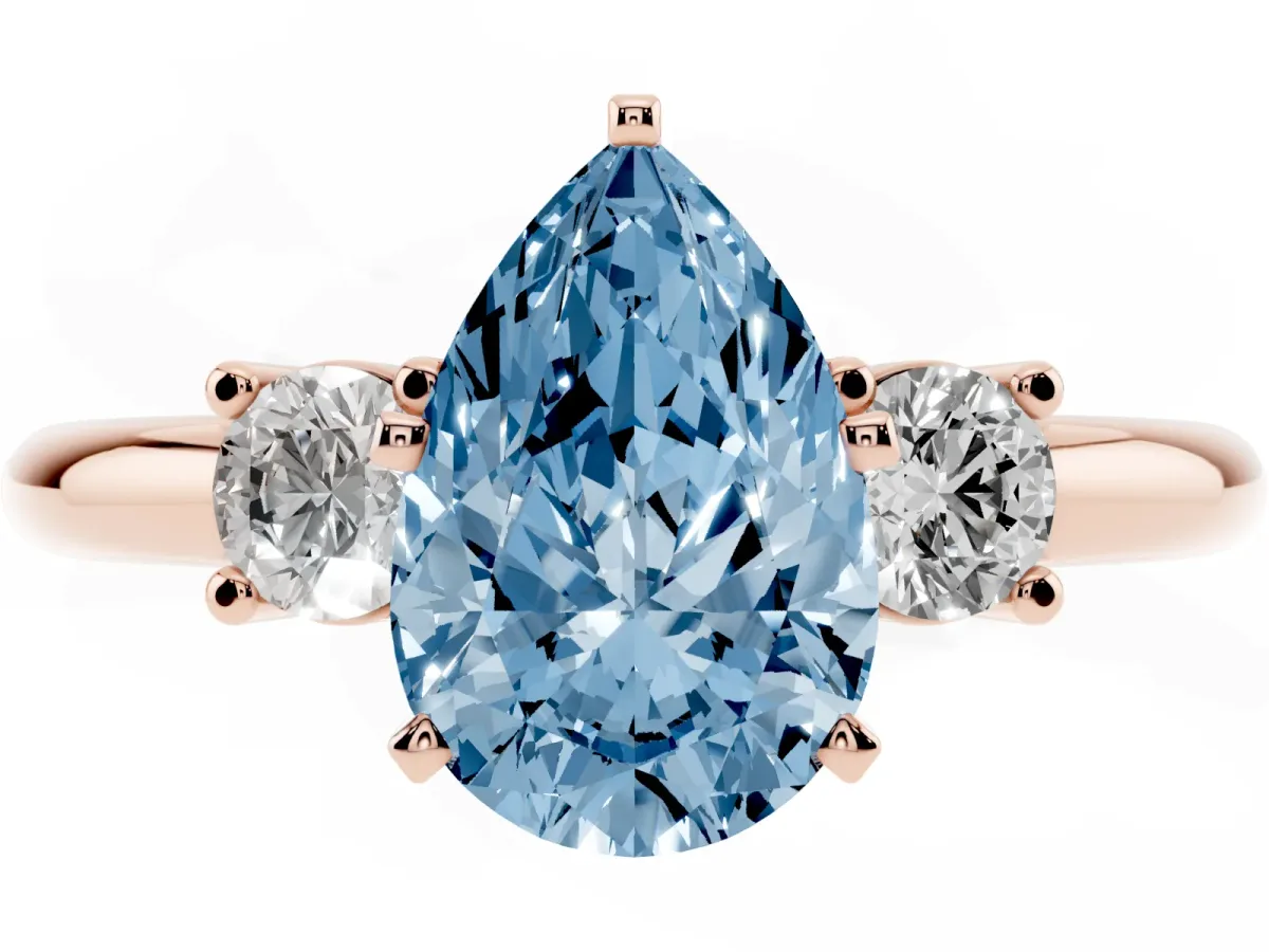 Fancy Blue Three-Stone Pear Cut Cut Diamond Solitaire with Prong Setting and Classic Band Rose gold