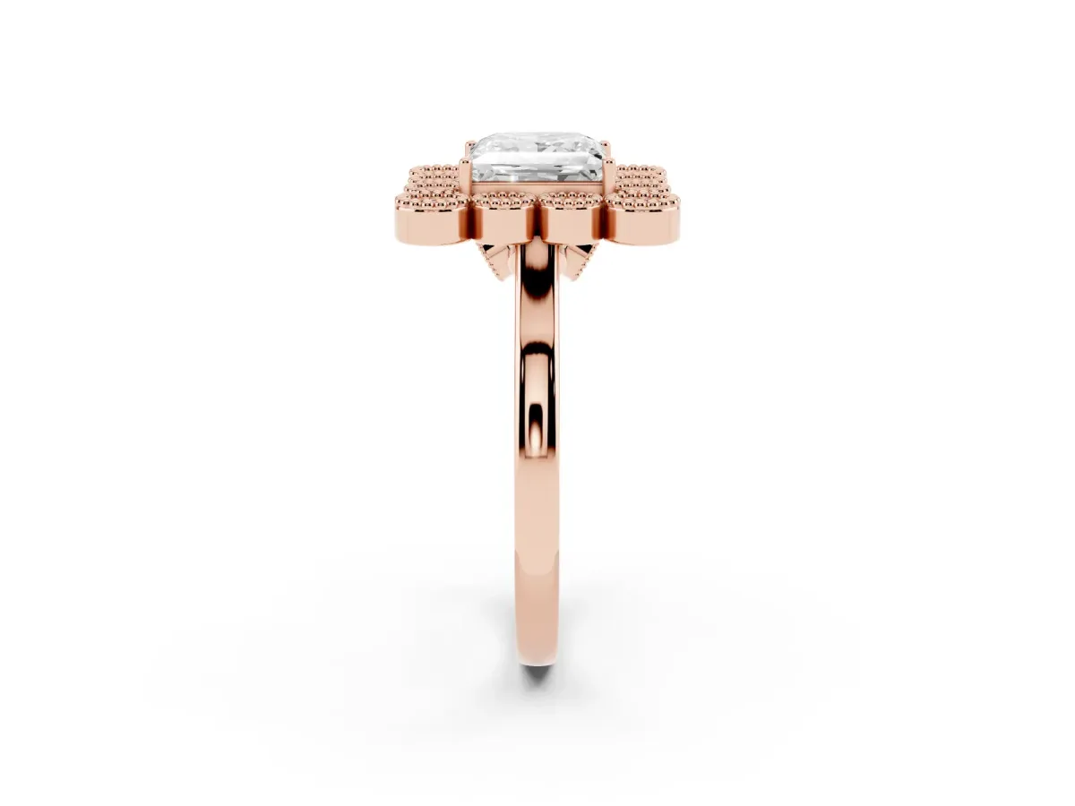 Princess Cut Halo Diamond Cluster Engagement Ring with Milgrain Bezel Setting and Solitaire Band Rose gold