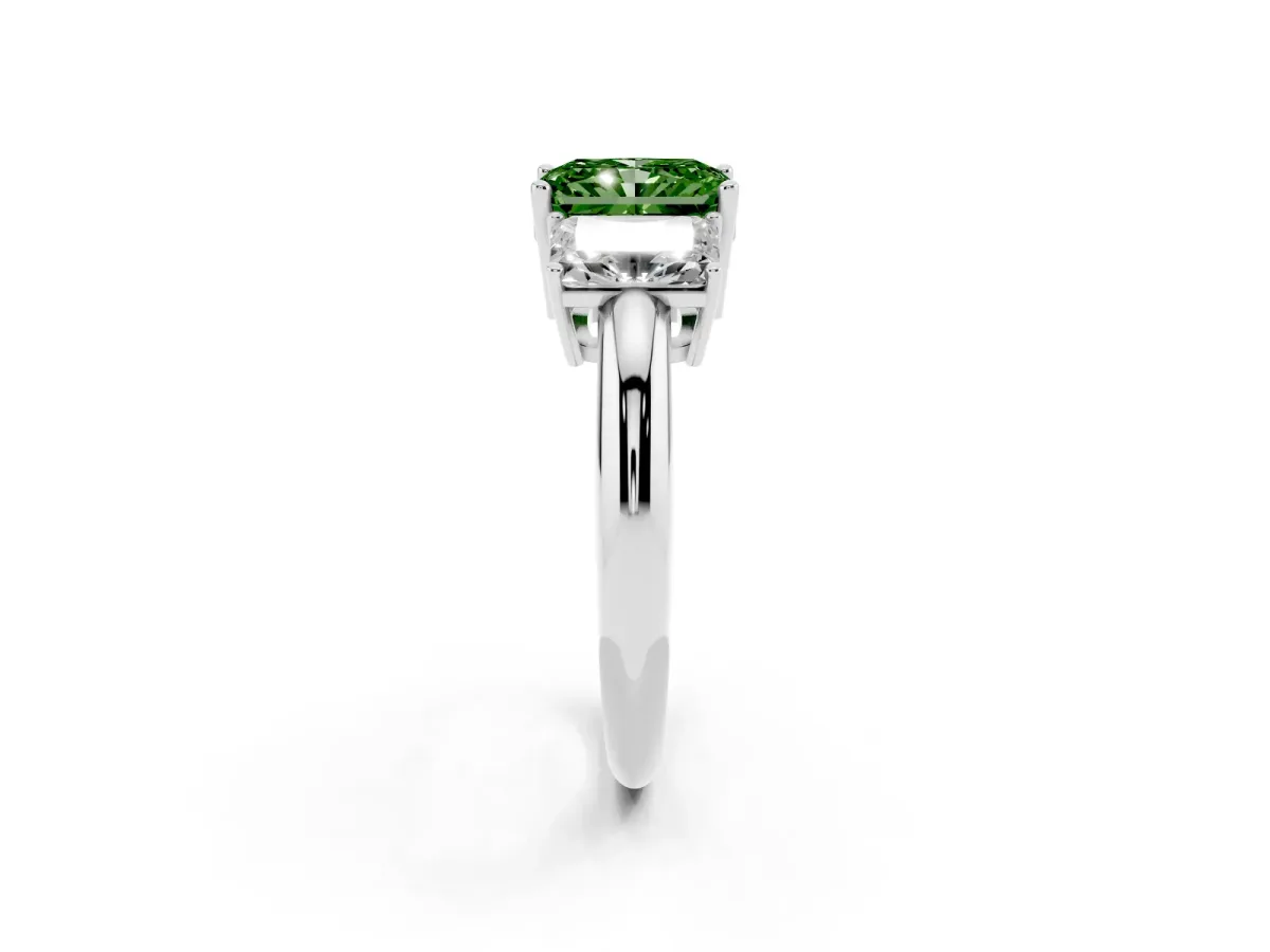 Fancy Green Three-Stone Radiant Cut Cut Diamond Engagement Ring with Prong Setting on a White Gold Band Silver