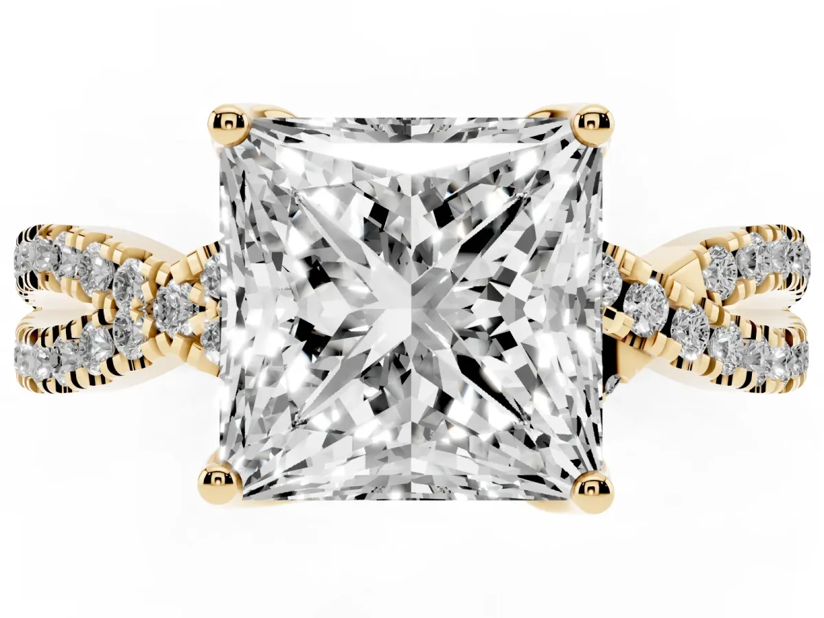 Princess Cut Solitaire Twist Pave Diamond Engagement Ring with Prong Setting Yellow gold