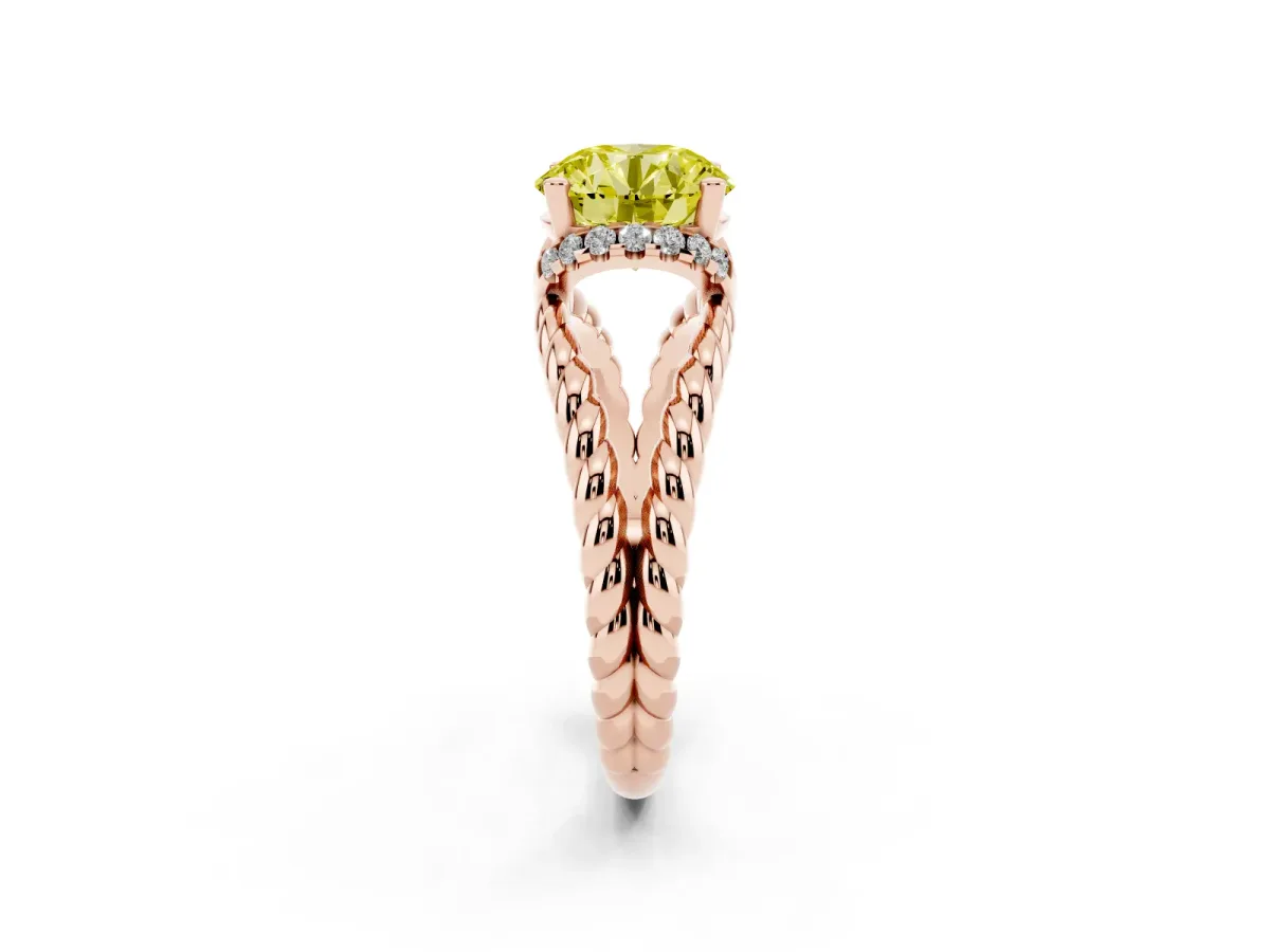 Fancy Yellow Round Cut Halo Twisted Band Four-Prong Ring Rose gold