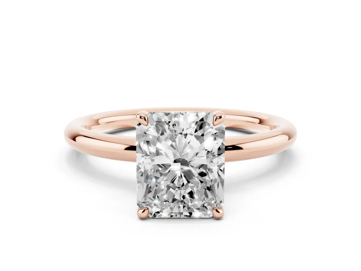 Radiant Cut Diamond Solitaire Ring with Thin Band and Four-Prong Setting Rose gold