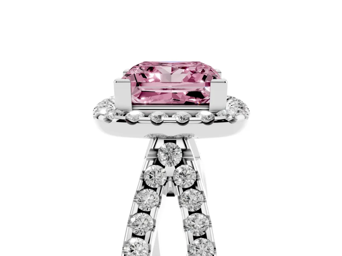 Fancy Pink Princess Cut Diamond Halo Ring with Split Shank Pavé Band and Prong Setting Silver