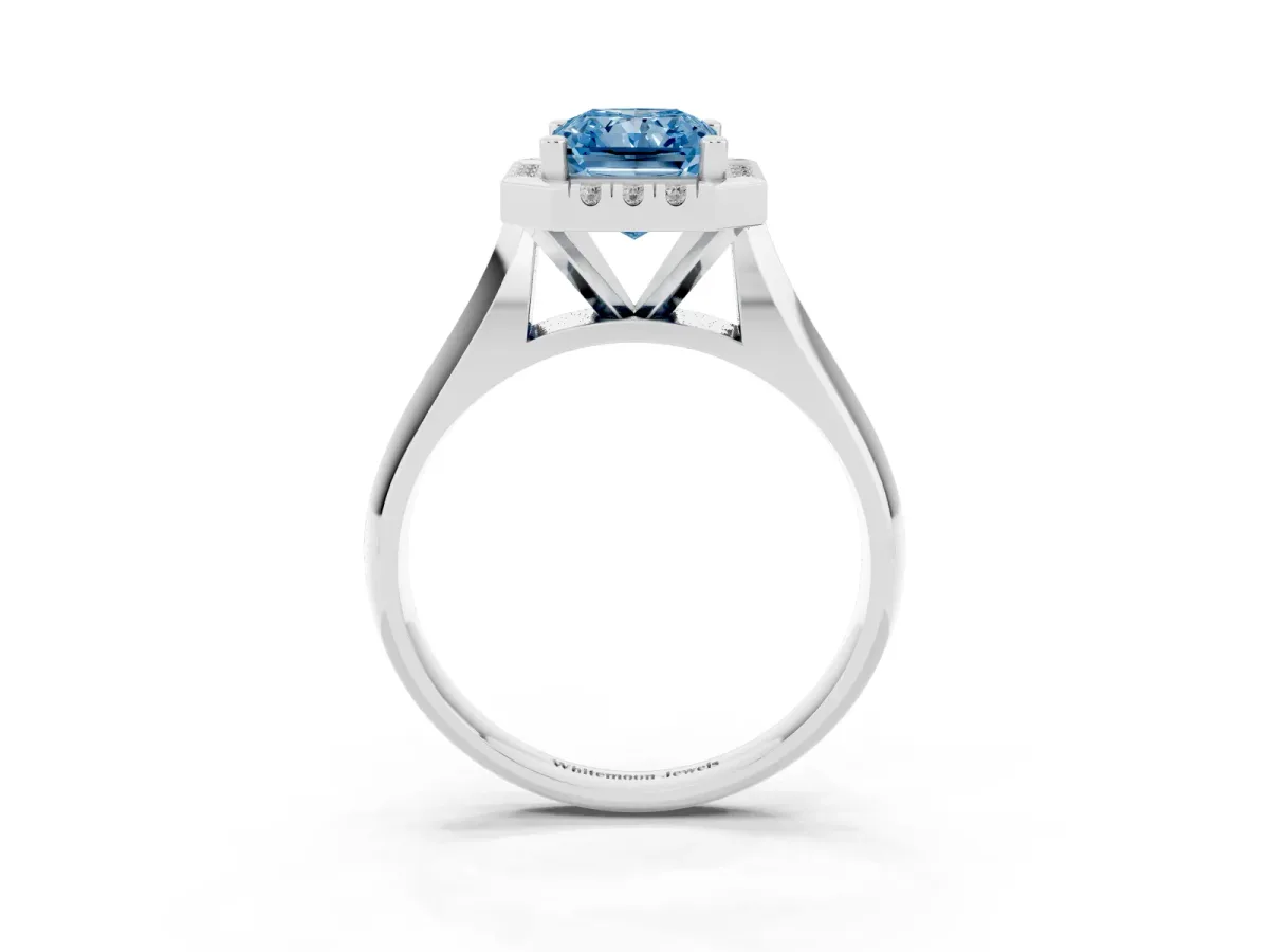 Fancy Blue Radiant Cut Cut Halo Solitaire Engagement Ring with Square Band and Four-Prong Setting Silver