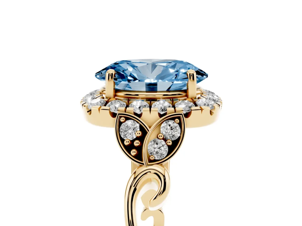 Fancy Blue Oval Cut Halo Diamond Engagement Ring with Vintage-Inspired Band and Four-Prong Setting Yellow gold