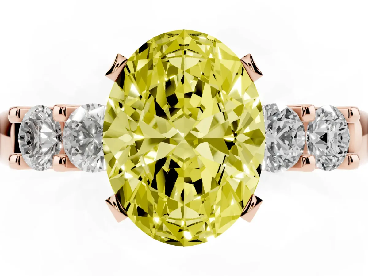 Fancy Yellow Oval Cut Brilliant Cut Diamond Five-Stone Prong Set Engagement Ring with Channel Band Rose gold