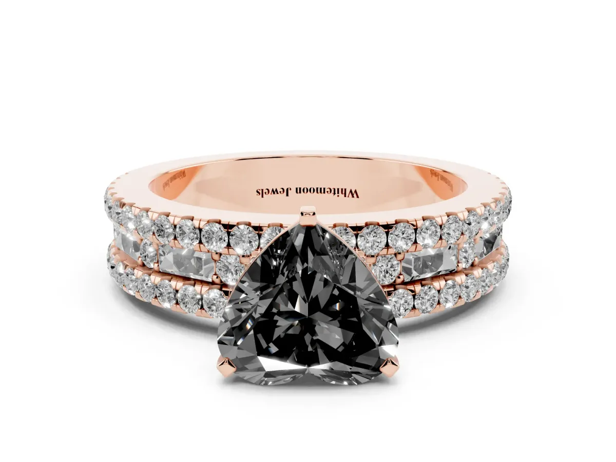 Fancy Black Heart Cut Diamond Solitaire Ring with Pavé and Channel Set Band Rose gold