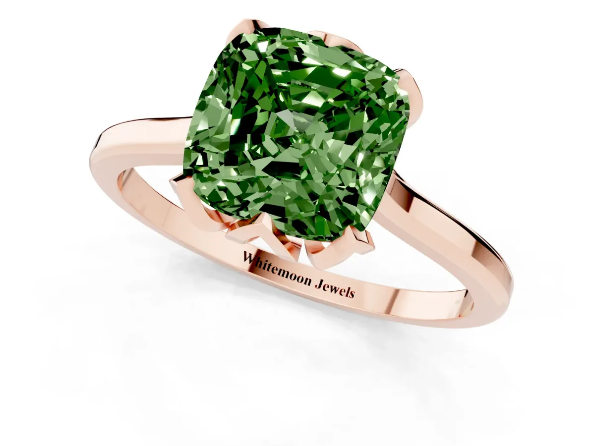 Fancy Green Cushion Cut Diamond Solitaire Ring with Flower Prong Setting and Classic Band Rose gold